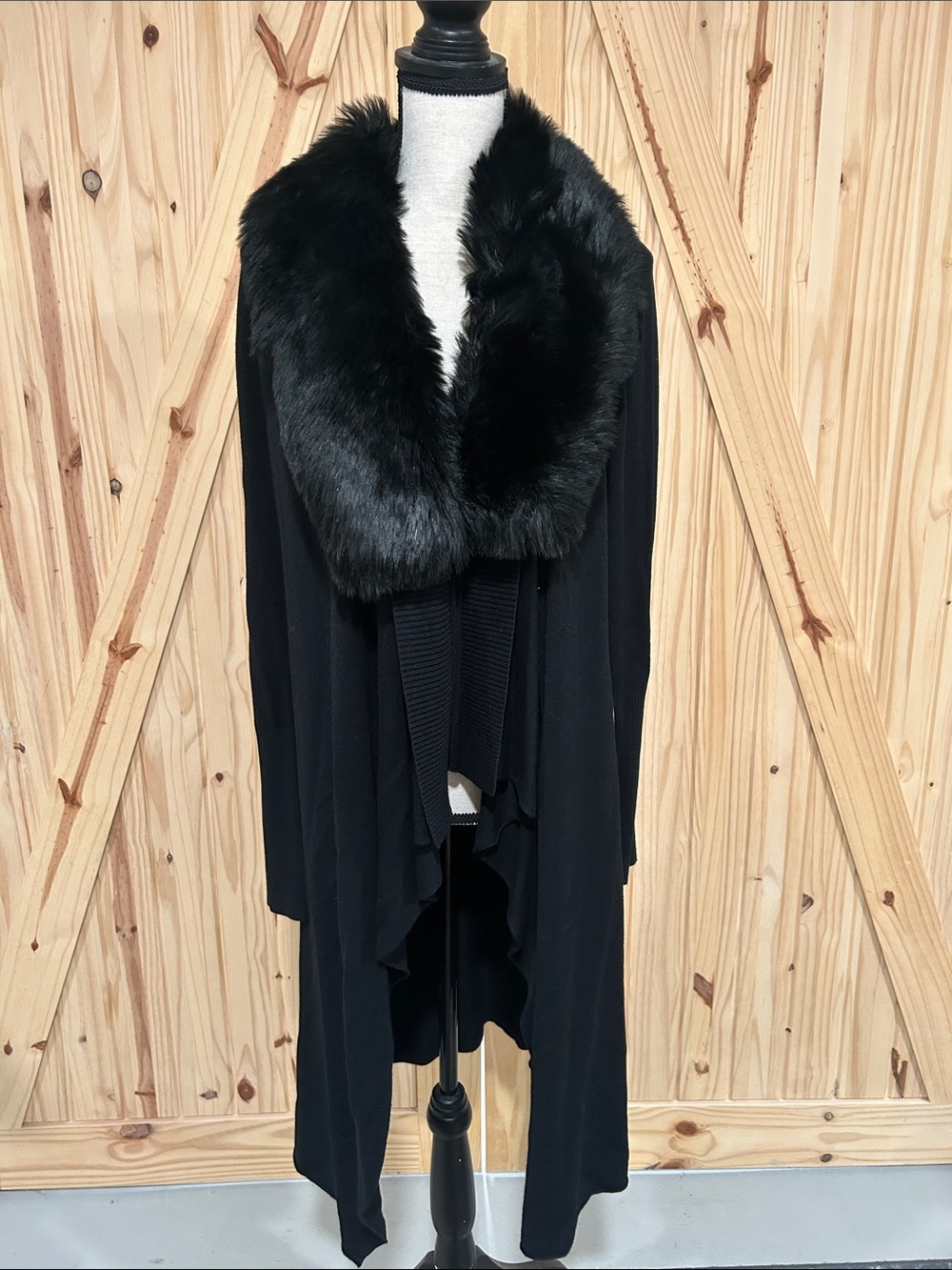 Black Faux Fur Collar Draped Women's Sweater Cardigan